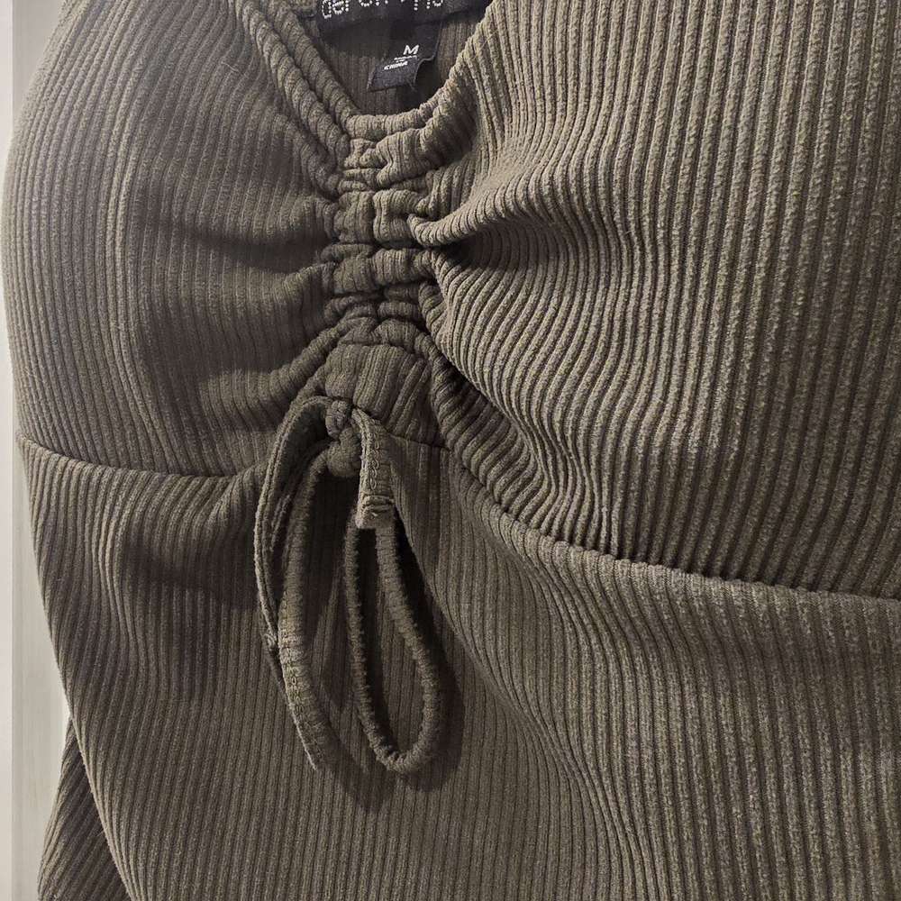 Derek Heart Olive Ribbed Top with Drawstring
